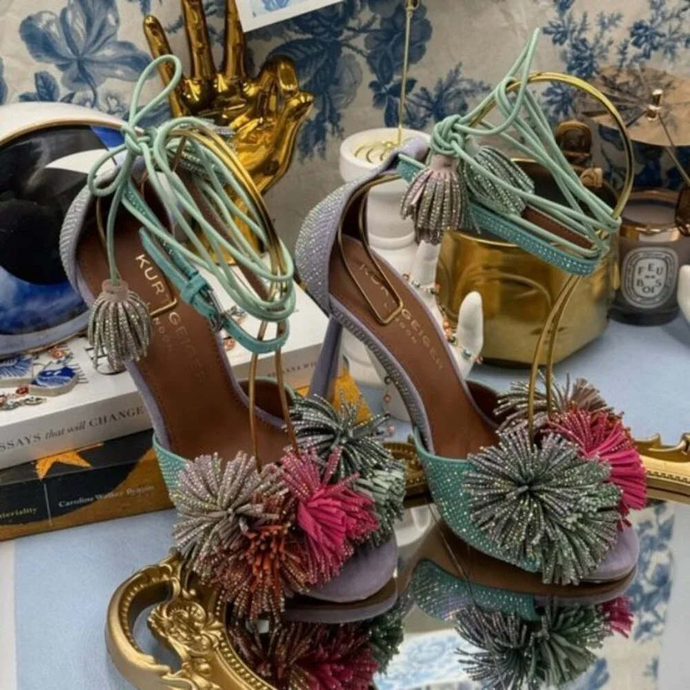 🆕 KURT GEIGER LONDON 🧿 NWOB Lilac & Teal Pom Pom Tie Ankle Heel, Sz 36 US 6 - Picture 5 of 15